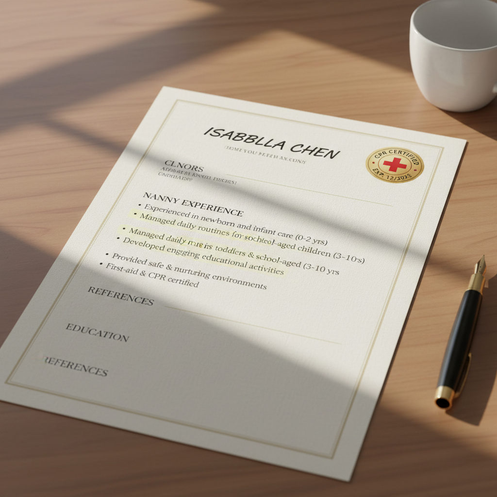 Printed nanny resume with CPR certification badge