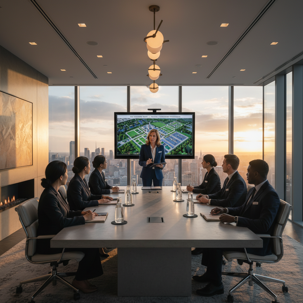 Childcare director briefing team in family office boardroom