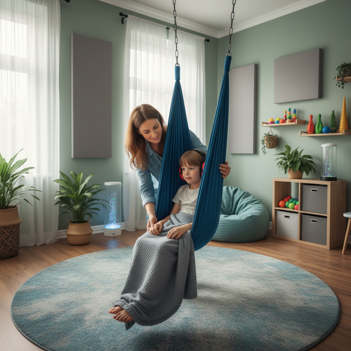 Nanny specialist with child using sensory swing