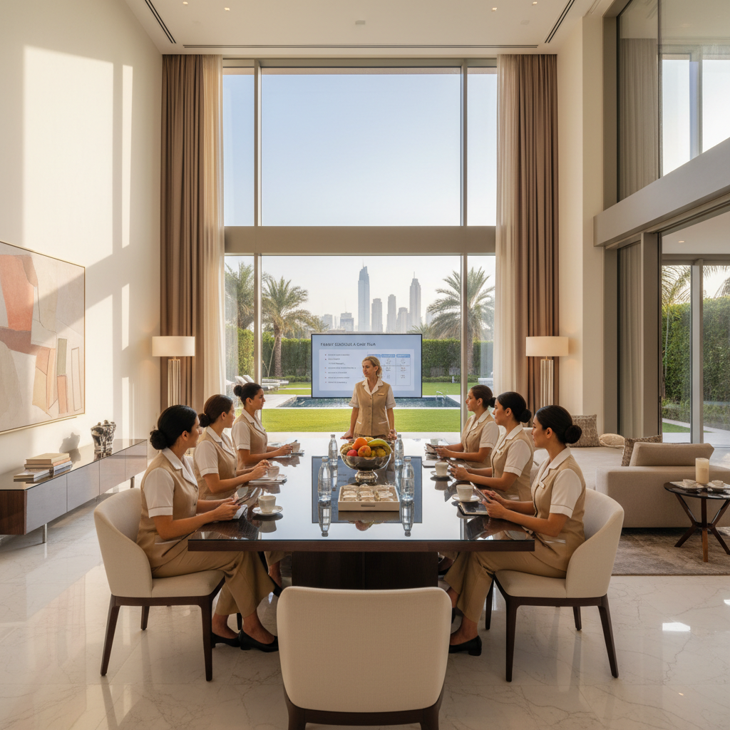 International nanny team briefing in Dubai villa