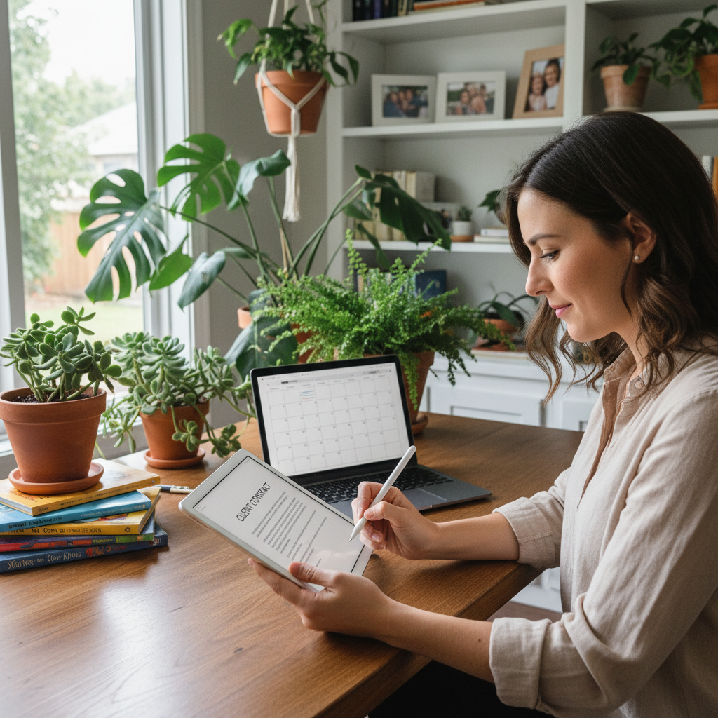 Independent nanny signing digital contract on tablet