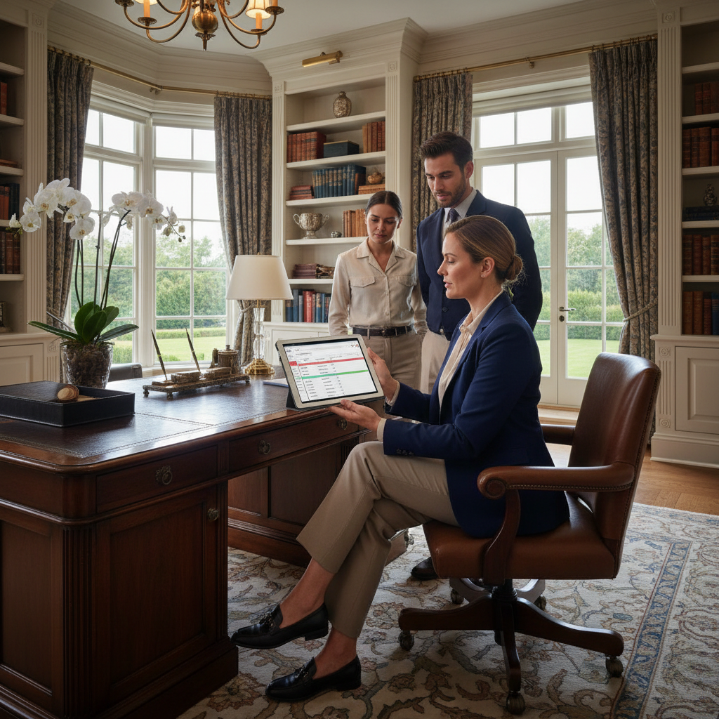 Professional household manager reviewing schedules in luxury office