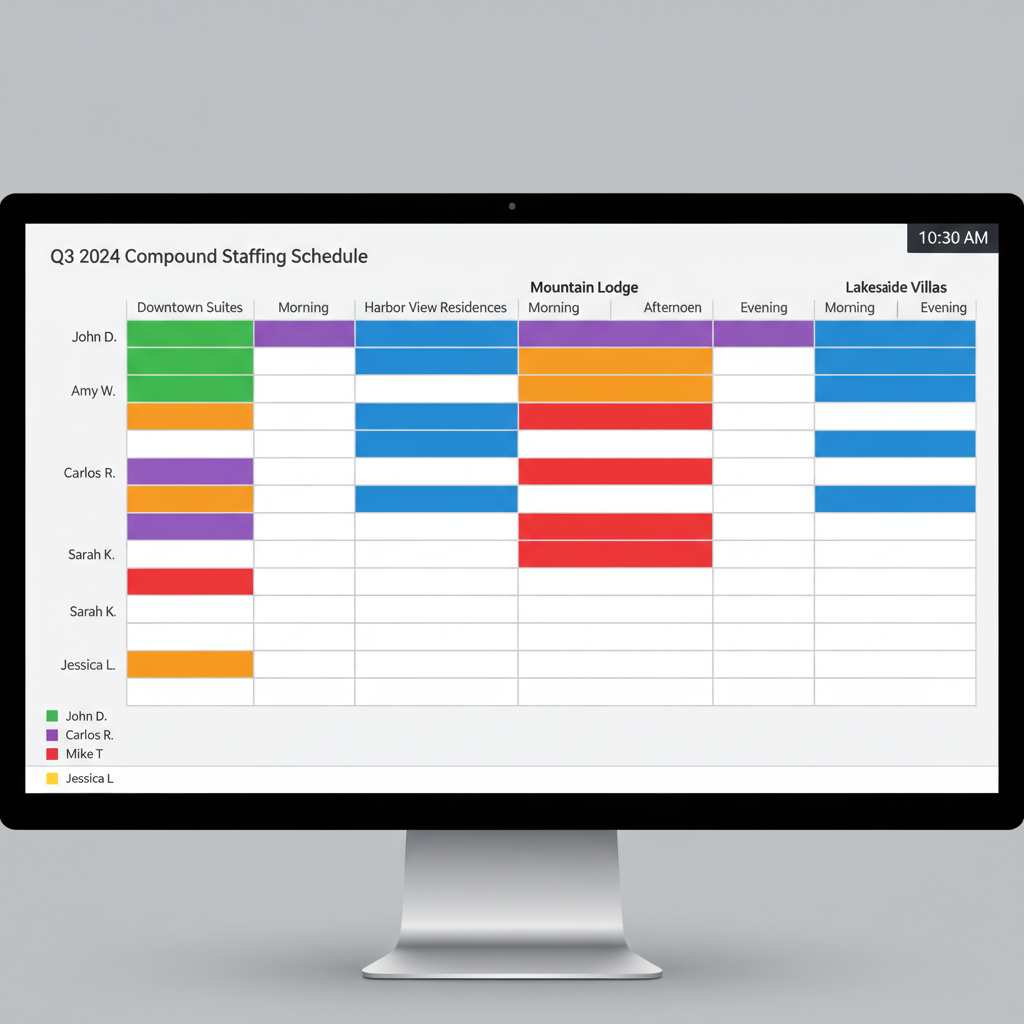 Compound schedule matrix with color-coded assignments