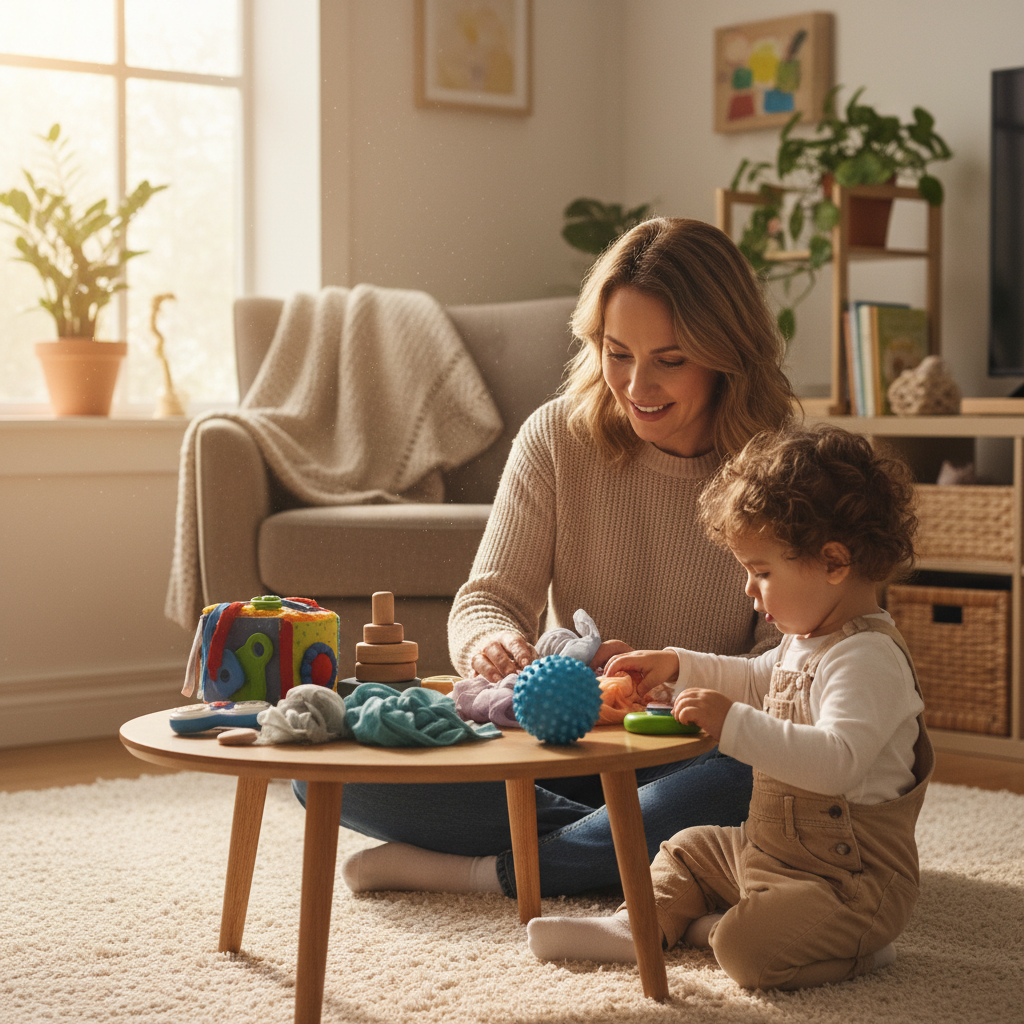 Nanny engaging child with sensory toys