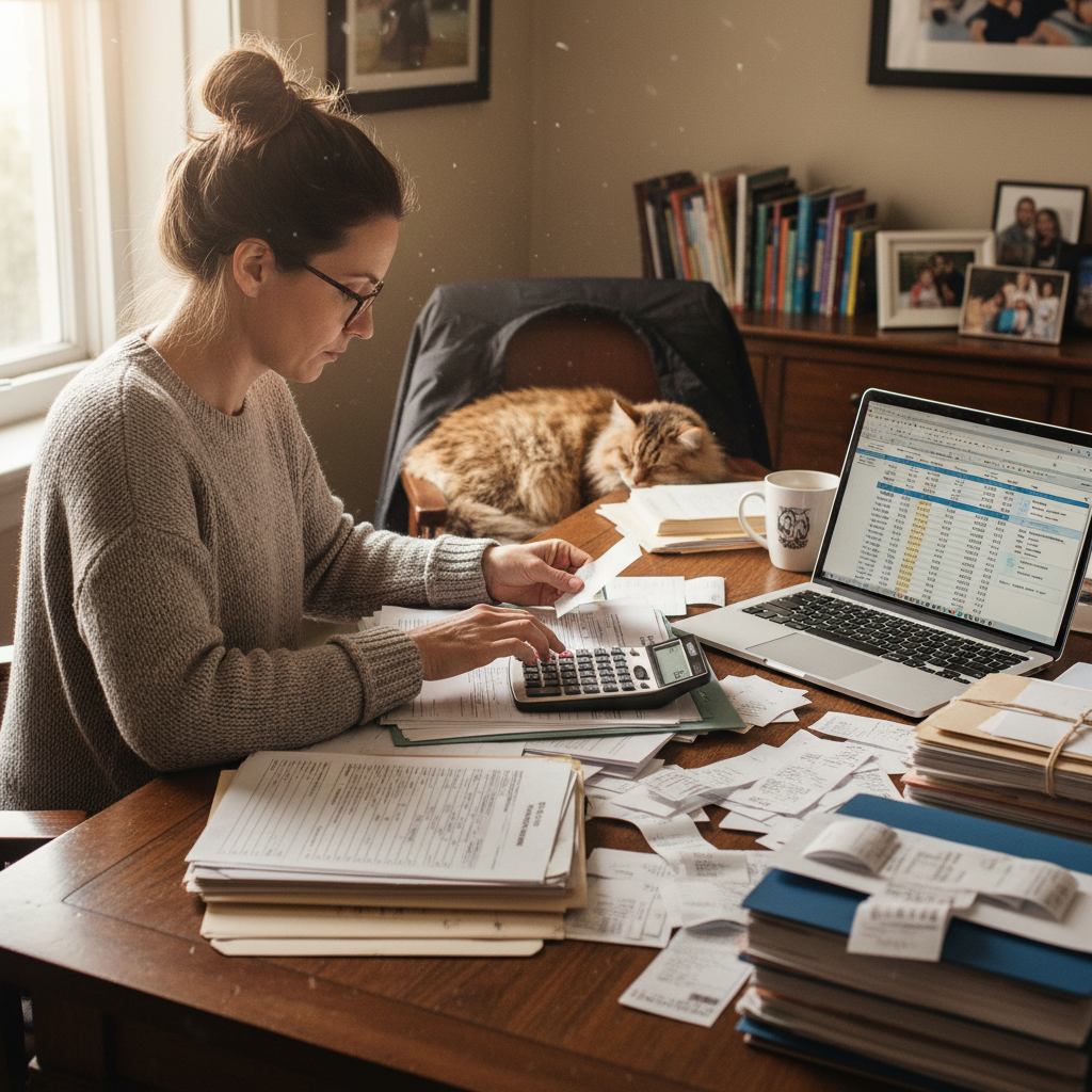 Nanny organizing tax documents at desk
