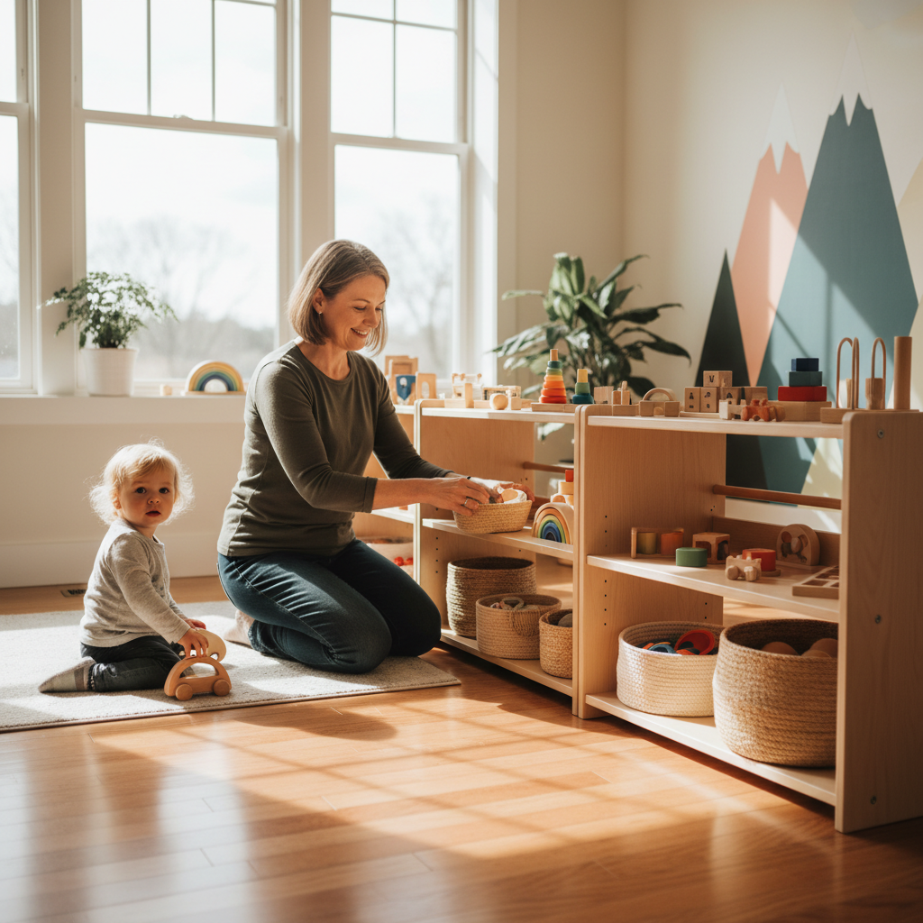 Nanny arranging Montessori shelves in sunlit playroom
