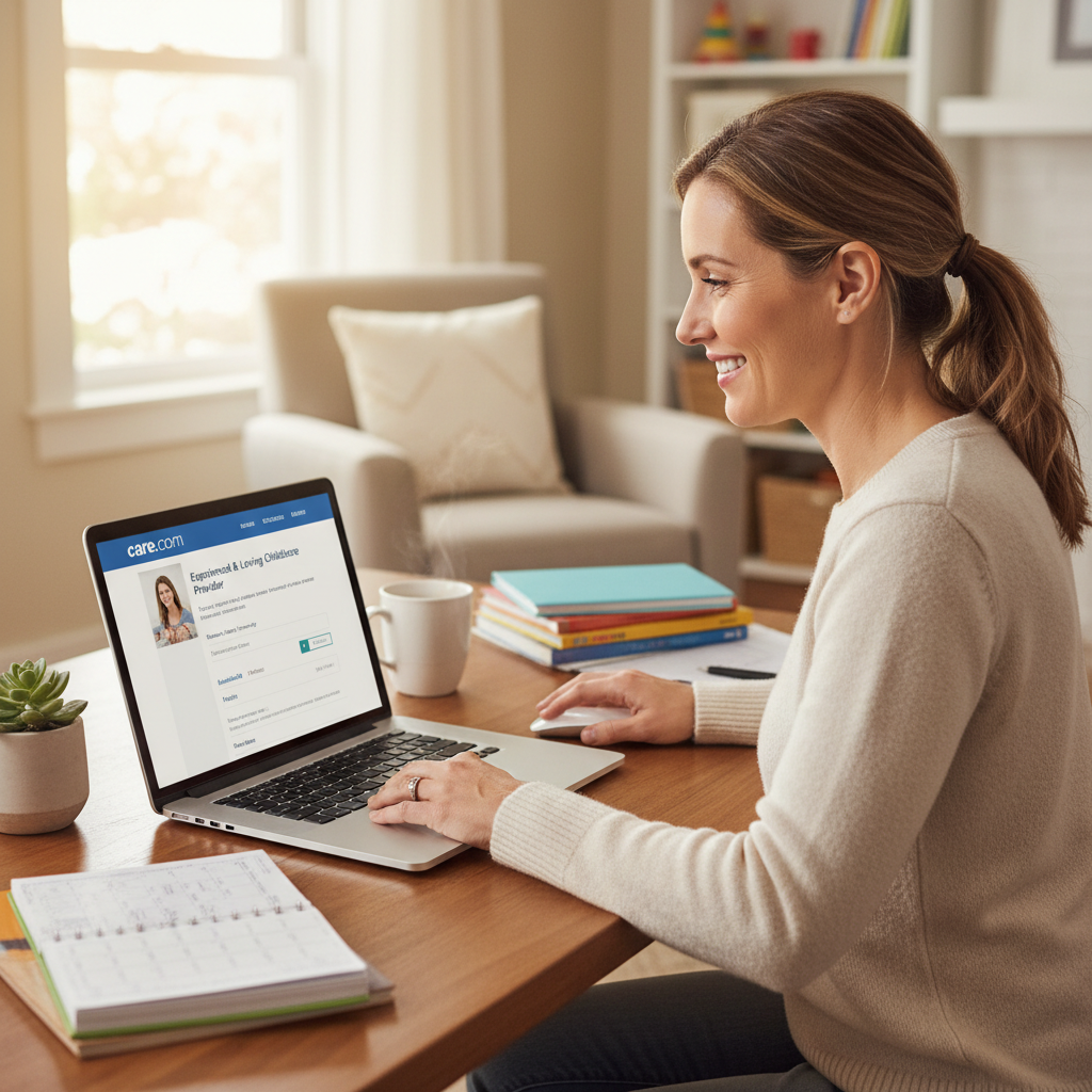 Nanny editing professional profile on laptop