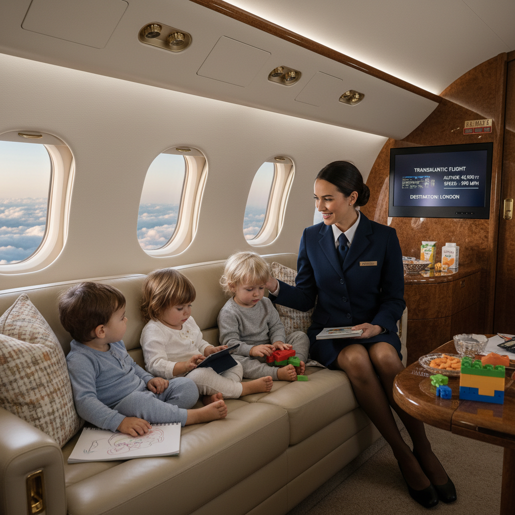 Nanny supervising children on private jet
