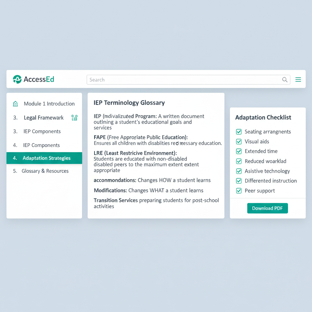 Special needs course module with IEP glossary
