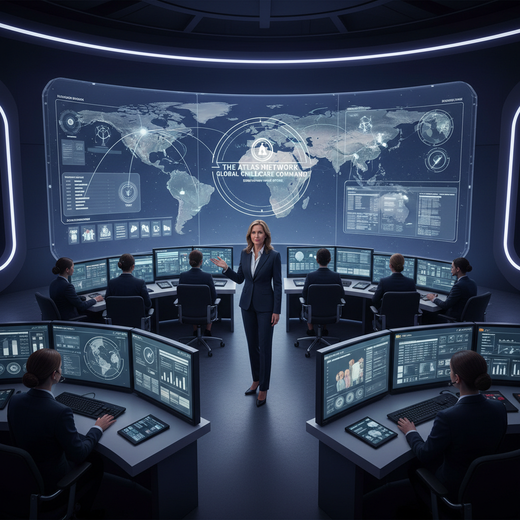 Global childcare director commanding operations center